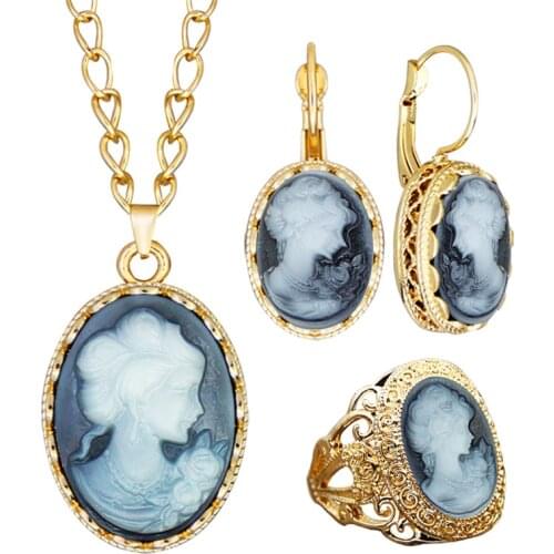 6 Colors Vintage Lady Queen Cameo Jewelry Sets For Women Gold Color Pink Blue Gray Fashion Flower Cameo Necklace Earring Ring