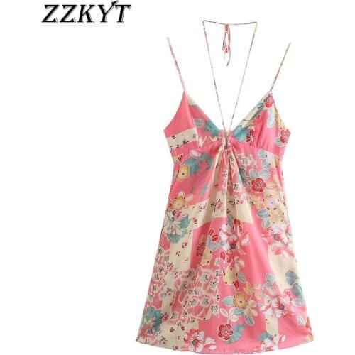 ZZKYT 2021 Women Summer Fashion Floral Print Bow Tie Straps Mini Dress Vintage V-Neck Sleeveless Backless Female Party Dresses
