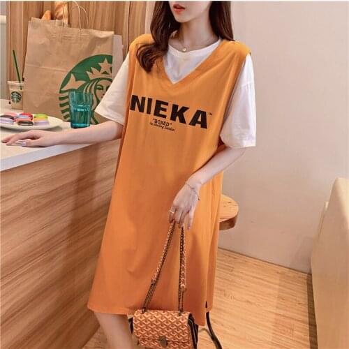 #0119 Yellow Black Pink Print Short Sleeves T-shirt Women Summer Korean Clothes Big Size Clothes Casual Loose Dress O Neck Tops