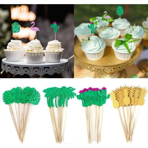 12pcs Cupcake Topper Hawaiian Luau Summer Party Flamingo Pineapple Palm Leaf Cake Decoration For Birthday Wedding Deco