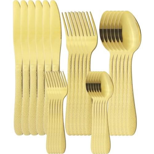 30Pcs Gold Cutlery Set Knife Fork Tea Spoon Dinner Tableware Set Stainless Steel Dinnerware Set Kitchen Flatware Silverware Set