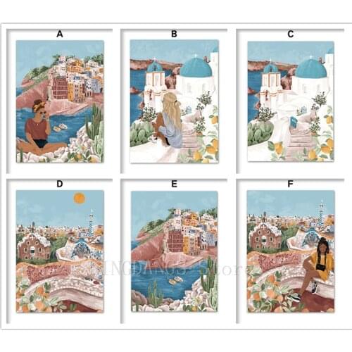 5D DIY Diamond Painting Greece Santorini Aegean Sea Girl Diamond Mosaic Illustration Style Embroidery Cross Stitch Set Art Decor