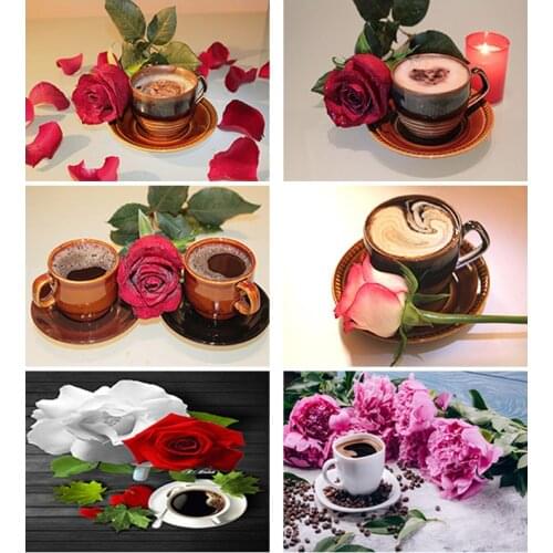 DIY 5D Diamond Painting Full Round Square Resin Mosaic Diamond Embroidery Cross Stitch Kits Art Beautiful Morning coffee Rose