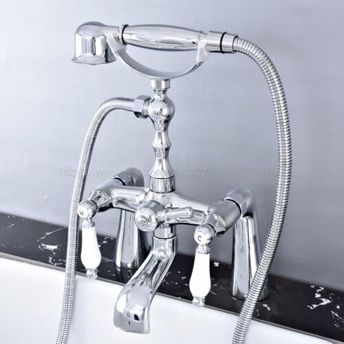 Bathroom Polished Chrome Dual Handle Bathroom Tub Faucet Deck Mounted Bathtub Mixer Taps with Handshower ztf764