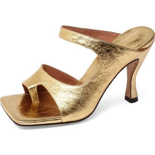 Kmeioo leather women Square head open Toe Solid Gingham high heels Slippers Summer Fashion Slip On causal comfort sandals 10cm