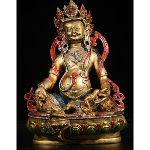 11"Tibet Temple Collection Old Bronze Painted Yellow God of Wealth Buddha Huang Caishen Sitting Buddha Ornaments Town House