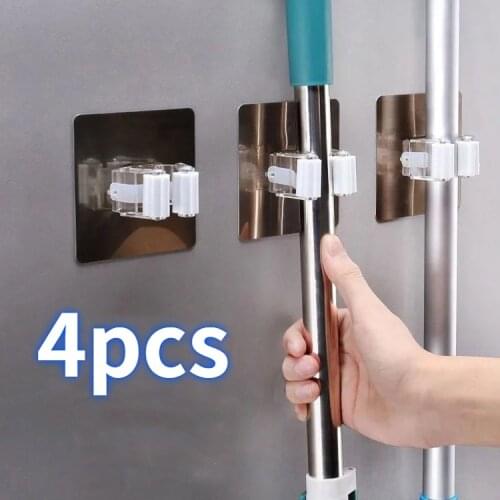 4pcs Kitchen Bathroom Adhesive Multi-Purpose Hooks Wall Mounted Mop Organizer Holder RackBrush Broom Hanger Strong Hooks