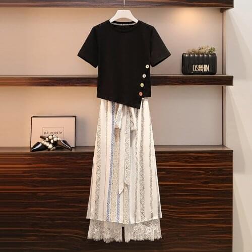 Plus size women vintage set summer new fashion irregular button T shirt top and lace patchwork stretch pants two piece suit big