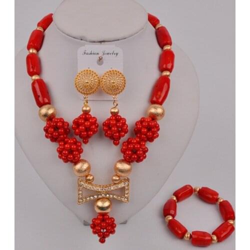 Fashion Red African Coral Necklace Nigerian Wedding Coral Beads Jewelry Set 12-N-01