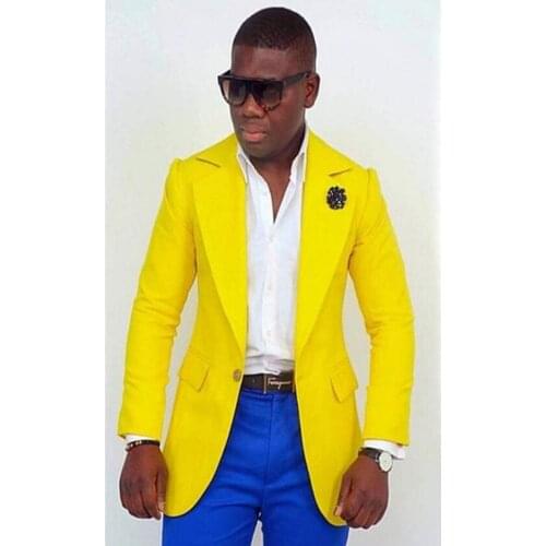 Yellow Jacket Royal Blue Pants Mens Suit Wedding Ball Costume Two-Piece Coat Pants Trim for Custom Wedding Grooms Dress