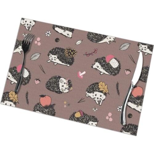 Set of 6 Hedgehog Forest Animals Pattern Placemats for Dining Table Place Mat in Kitchen Accessories Cup Wine Mat