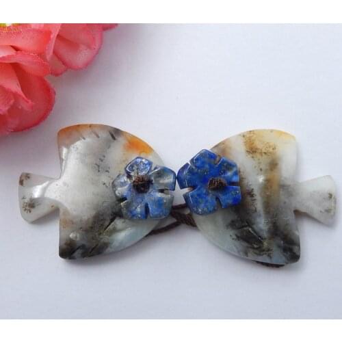 New Arrival,Hand Engraving Natural Amazonite Fish Lapis Lazuli Flower Earrings Beads Pair 28x24x4mm,10.7g