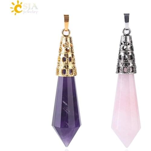 CSJA New Arrival Jewellery Gold Color Faceted Natural Stone Pendulum Hexagon Suspension Crystal Quartz Pendant for Necklace F401