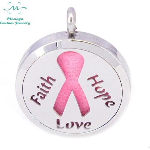 10pcs mesinya Pink Ribbon Awareness 1.18''(30mm) Aromatherapy/Essential Oils 316L S.Steel Perfume Diffuser Locket Necklace
