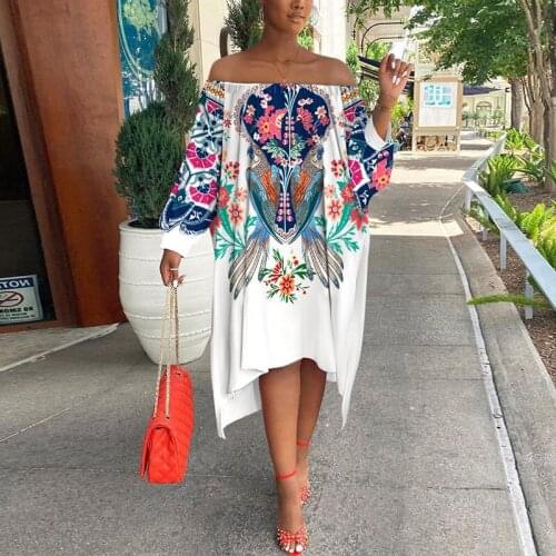Women Off Shoulder Slash Neck Streetwear Dress Spring Autumn Casual Lantern Sleeve Dress Female Print Loose Asymmetrical Dress