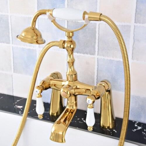 Luxury Gold Color Brass Deck Mounted Bathroom Tub Faucet Dual Handles Telephone Style Hand Shower Clawfoot Tub Filler atf782