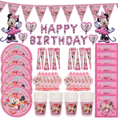 Disney Pink Minnie Mouse Theme Birthday Party Decorations Napkin Plates Cups Balloons Disposable Tableware Baby Shower Supplies
