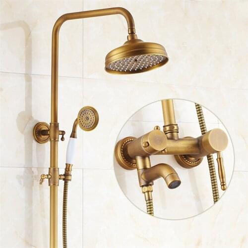 Bathroom Shower Faucet Set Wall Mounted Antique Copper Phone Style Ceramic Handheld Shower Single Handle