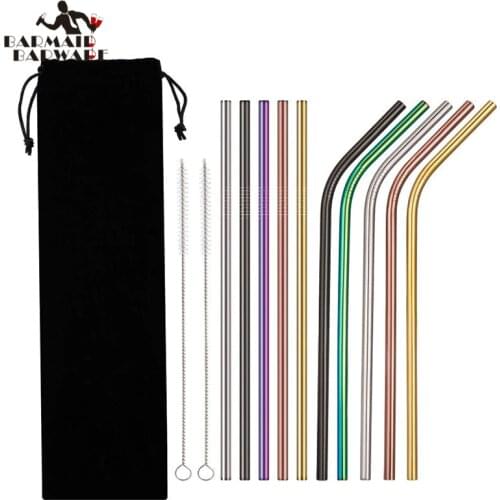 8pcs Straws + 2pcs Brushs Metal Drinking Straw Stainless Steel Reusable Straws For Beer Fruit Juice Drink