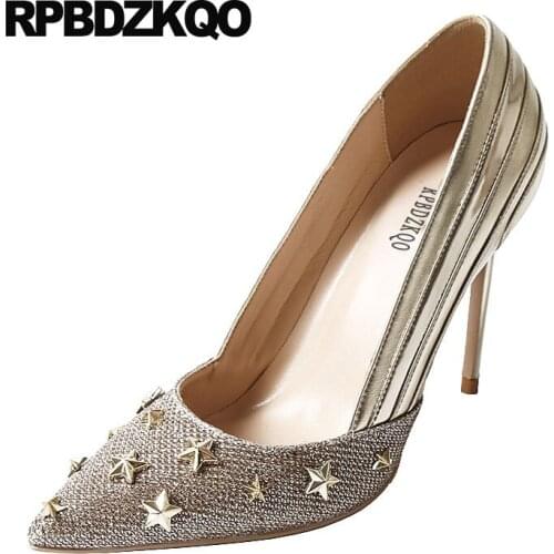 Rivet plus size gold pumps shoes ladies high heels 8cm ultra super female dress extreme silver metal stud scarpin pointed toe