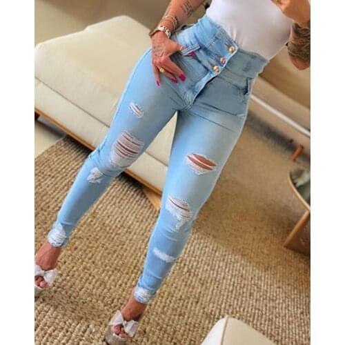 2021 New Fashion Autumn High Waist Button Ripped Skinny Jeans Womens Cargo Pants Trousers Female Streetwear Leggings