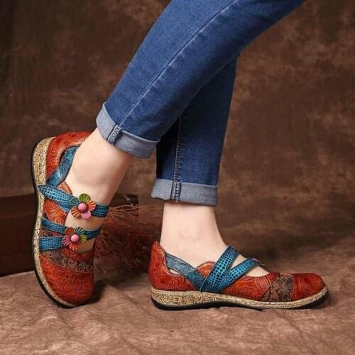 New Vintage Floral Genuine Leather Splicing Colored Stitching Hook Loop Flat Shoes Spring Summer Casual Women Flat Shoes