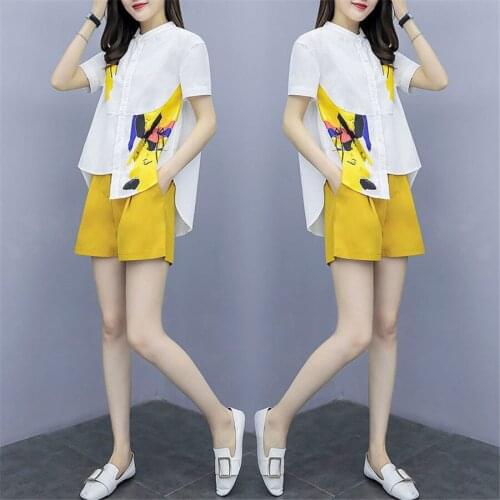 2020 summer 2 pieces suits girl chiffon blouse shirt women tops + shorts set Women two piece set tracksuit 5XL