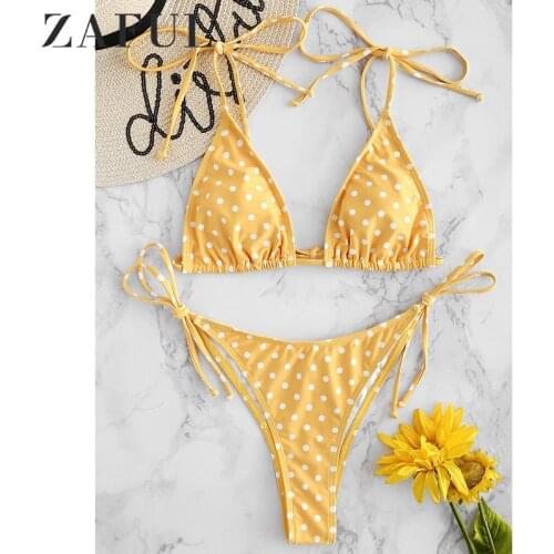 ZAFUL BIKINI Summer Women Bow Tie Push-Up Padded Tie Shoulders Ruffle Polka Dot Bikini Set Swimwear Swimsuit Bather New