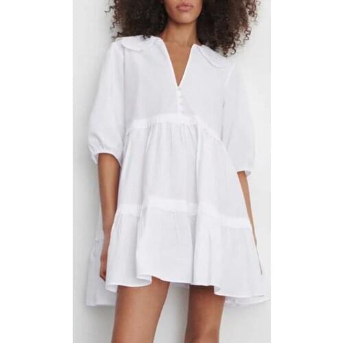 Summer New Style 2021 ZA Dress Lantern Sleeve Single Breasted Chiffon Dresses Bow Collar Comfortable Mini Vestido