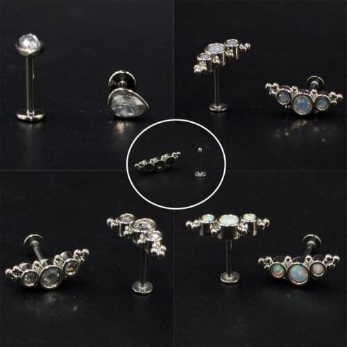 1Pc Titanium & Steel Shaft Snow Opal CZ Gem Labret Tragus Ear Cartilage Stud Earring Lip Stud Labret Piercing Body Jewelry