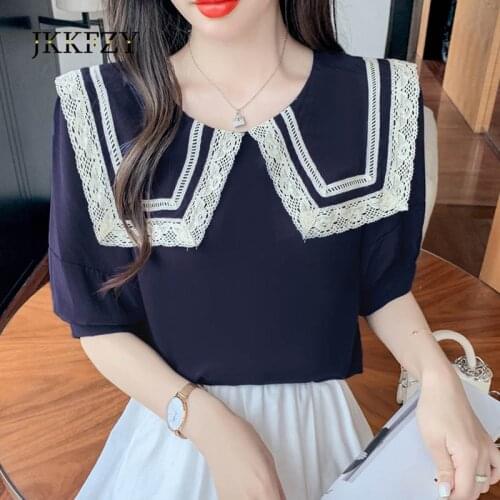 2021 Summer Lace Ruffled Doll Collar Shirt Blouses Women Design Loose Korean Fashion Top