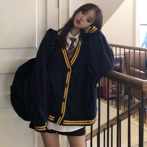 Spring Autumn Women Long Sleeve Knit Cardigan And Shirt V Neck Sweater Gray Drak Blue Coat Thicken Jk School Uniform Sweater