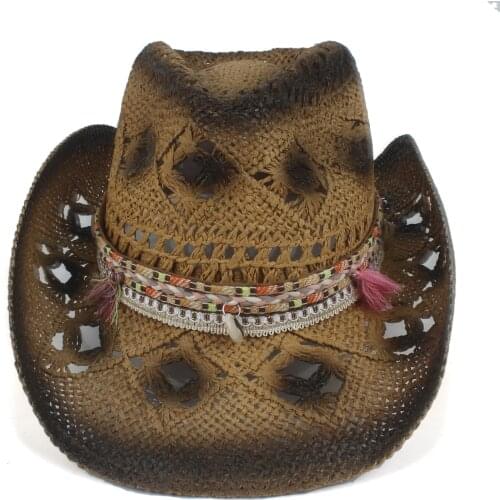 Summer Women Straw Hollow Western Cowboy Hat Lady Handmade Tassel Brand Sombrero Hombre Beach Cowgirl Jazz Sun Hat Size 56-58CM