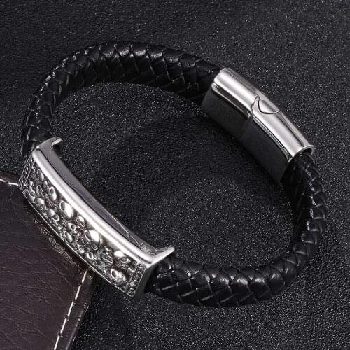 Personality Stainless Steel Skull Wall Accessories Black Braided Leather Bracelet Men Magnetic Buckle Punk Bangles Jewelry Gifts