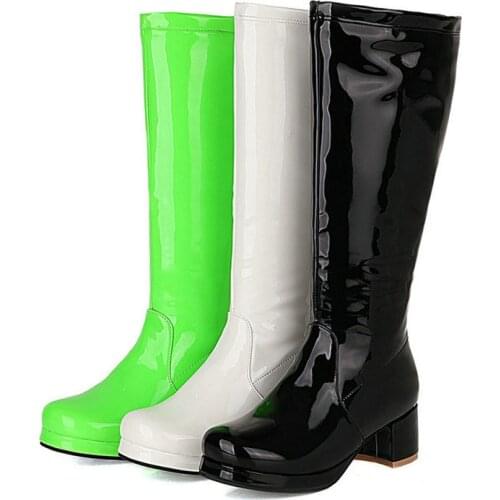The New Lolita Style Womens Knee High Boots Fashion Square Heel Platform Boots Ladies Winter Warm Boots with Zipper Rider Boots