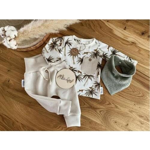 Autumn Kids Casual Two-piece Clothes Set White Sweatshirt Coconut Tree Printed Pullover and Pants Children Outwear 1-6 Years