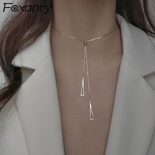 Foxanry 925 Sterling Silver Clavicle Chain Necklace INS Trend Elegant Geometric Tassel Party Jewelry Gifts Creative Accessories