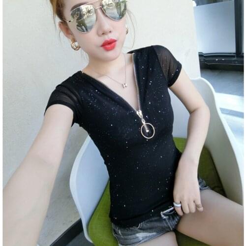 Sexy Womens Deep V Neck Zipper T Shirt 2020 Diamond t shirt Short Sleeve Plus Size Lace Mesh T-shirt Tee Shirt Femm