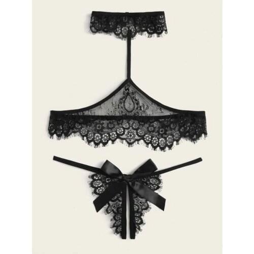 Sexy lace bra and panty set women garters push up lingerie bralette thong panties G-string underwear wire free Bra & Brief Sets