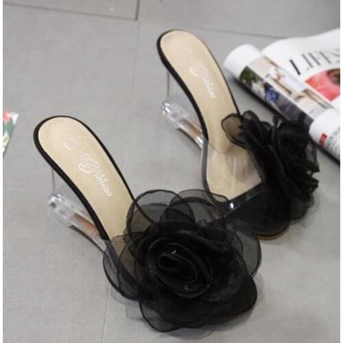 Slippers Slope Heel 4 Color Women Summer 2018 New Sexy Crystal Transparent High Heels Flower Slope and Sandals