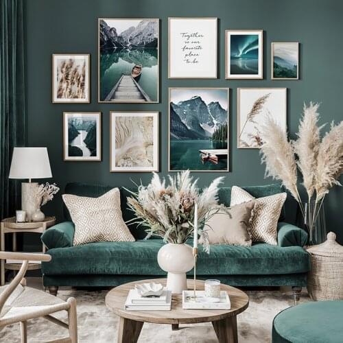 Scandinavian Nature Landscape Poster Reed Grass Boat Lake Forest Northern Lights Wall Art Print Canvas Painting Home Decor