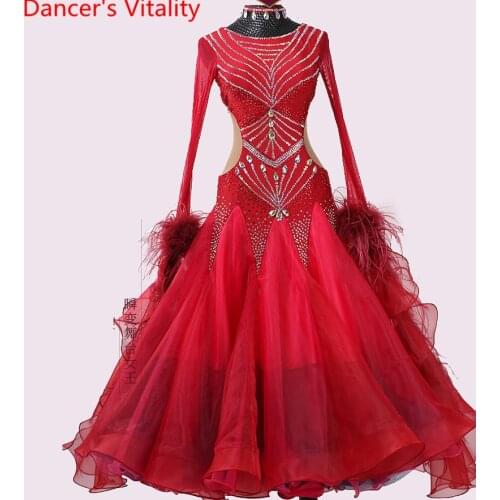 Modern Dance Performance Costume 2 Types Cut out Feather Diamond Big Hem Dress Ballroom Waltz Jazz Modern Dancing Stage Outfits