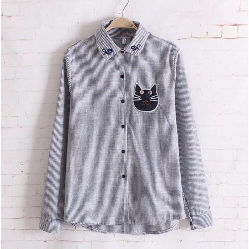 2017 Spring Autumn New Women Casual Blouse Shirts Long Sleeve Striped Cat Embroidery Fashion Tops Shirt Women Slim Blouse