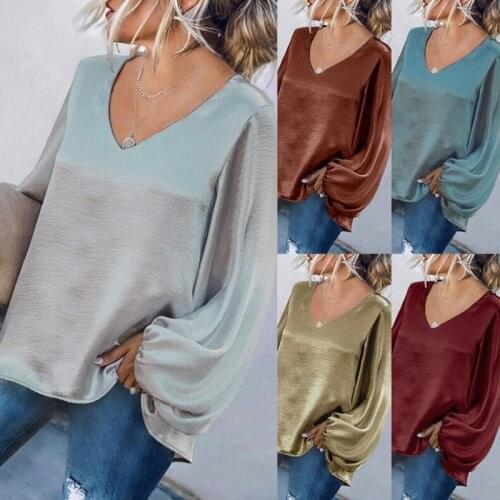 Womens Fashion Solid Color Tops Autumn Casual Long-sleeved Blouse V-neck Loose Ladies T-shirt