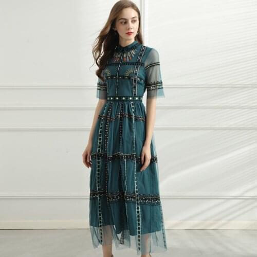 Fashion Summer New Womens High Quality Vintage Elegant Chic Casual Party Designer Short Sleeve Embroidery Print Mesh Midi Dress
