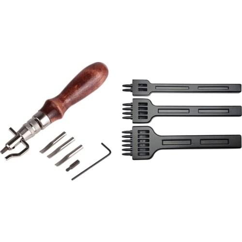 1 Set DIY Leather Tool 4mm Set Row Punch / Belt Punch & 1 Pcs Adjustable Stitching Groover and Creasing Edge Beveler