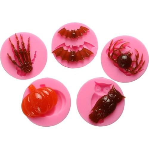 5PCS Halloween Fondant Molds Bat Pumpkin Spider Owl Silicone Chocolate Mold For Cake Decorating Gum Paste Clay Epoxy Resin Mould