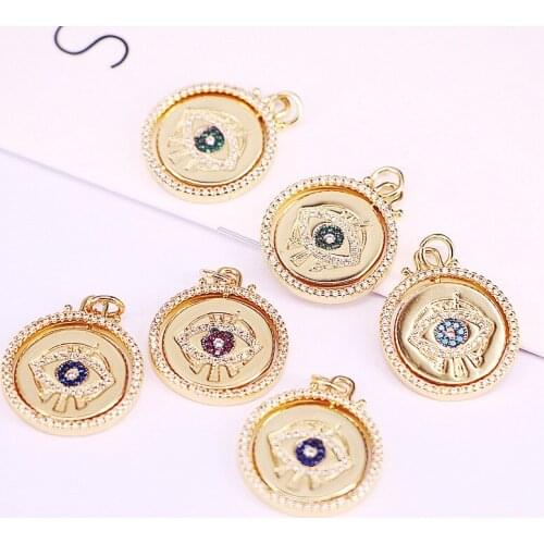 5Pcs,22mm Fashion Gold Color Tone Crystal Eye Round Pendants Cubic Zirconia Turkish Jewelry Fashion Charm Pendants