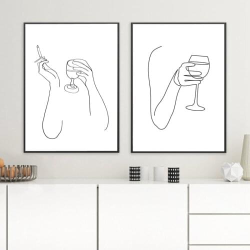 Smoking Wine Hands Abstract Line Drawing Art Prints Black and White Minimalist Poster Wall Art Canvas Painting Kitchen Bar Decor