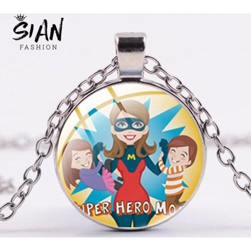 SIAN Mam Papa Round Pendant Necklace Fashion Man Women Metal Chian Transparent Glass Necklaces Jewelry Gift Souvenir Accessories